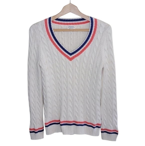 Johnnie B | Cream Cable Knit Varsity Cricket Sweater Coral Navy Stripes - Picture 1 of 5